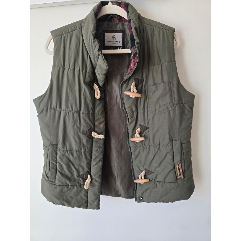 Legendary Whitetails Mens Olive Green Puffer Vest Plaid Lining Toggle Large